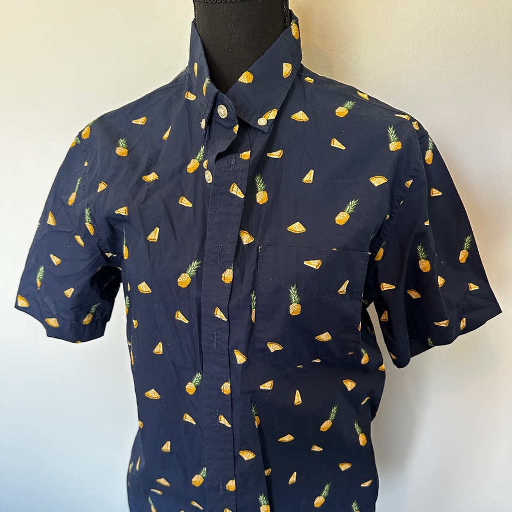 Banana Republic Slim Fit Navy Blue Pineapple Short Sleeve Button Down Shirt M